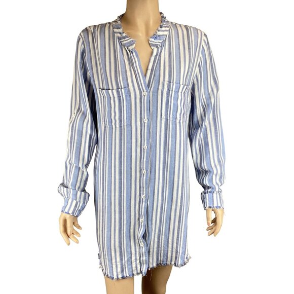 Cloth & Stone Anthropologie Dress Tunic Size Medium Striped Frayed Linen Blend - Picture 2 of 10